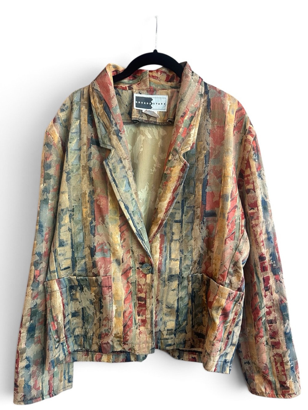 Rhonda Stark Vintage Textured Multicolor Painterly Blazer - Blue, Coral, Gold